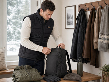 Person preparing a black heated vest and winter day bag before leaving home