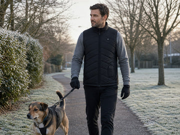 Dog walker wearing a black heated vest on a cold morning path