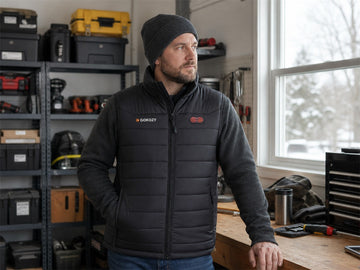 GPT Image 2.0 reference-generated GOKOZY heated vest in a cold garage workshop