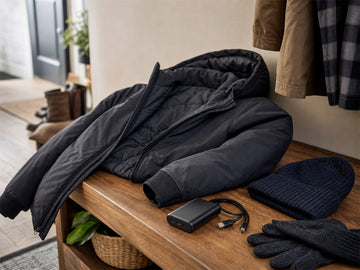 Heated jacket and compatible battery arranged on a dry indoor table