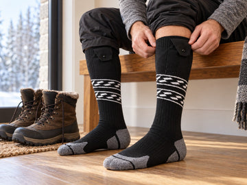 Black rechargeable heated socks worn with winter boots in a cold weather setting