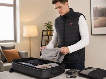 GPT Image 2.0 reference-generated GOKOZY heated vest packed for airport travel with carry-on power bank