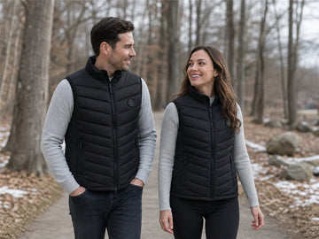Man and woman wearing black 7.4V heated vests on a cold day