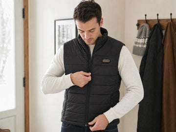 Person checking the fit of a black heated vest before winter layering