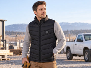 Worker wearing a black heated vest during a cold outdoor job