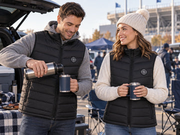 Adults wearing black heated vests at a cold-weather tailgate