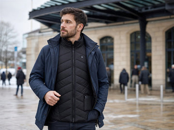 Person wearing a windproof outer jacket over a black heated vest in winter