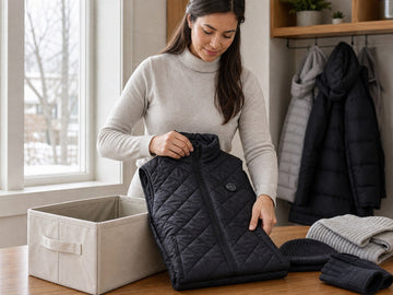 Person folding a black heated vest for seasonal storage after winter