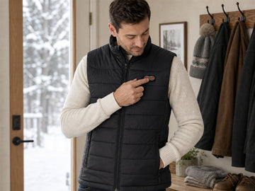 Person adjusting the temperature control on a black heated vest before going outdoors
