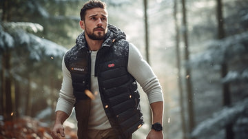 Man outfitted in a Gokozy heated vest, exploring a forest setting