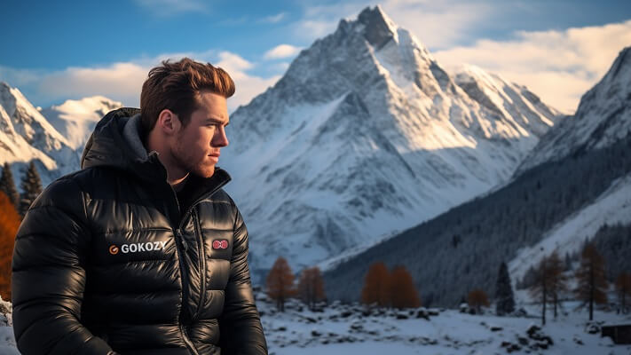 a man wearing a gokozy heated jacket in snow forest