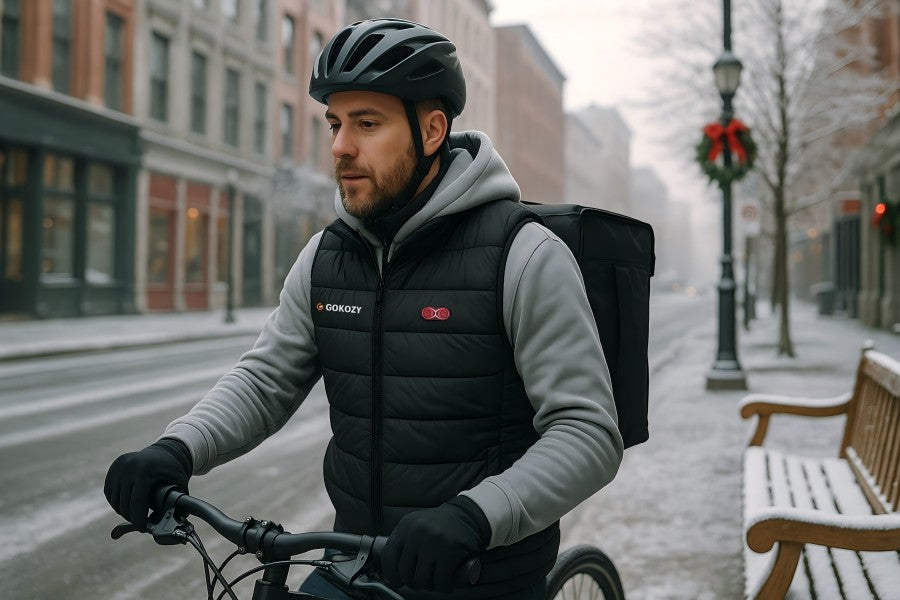 A winter cyclist wearing a GOKOZY heated vest, preparing to ride through the city on a cold morning.