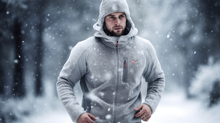 a man wearing heated jacket and running in the snow