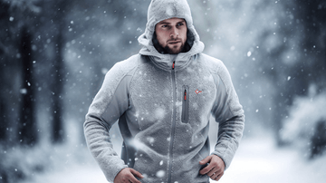 a man wearing heated jacket and running in the snow